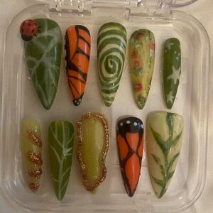 Hand Crafted Green and Orange Nail Art Set